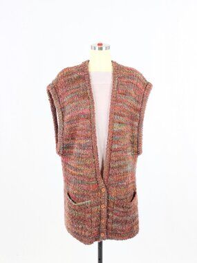 Vintage CHRISTIAN DIOR Red Marled Wool Knit Oversized V-Neck Cardigan, Size L